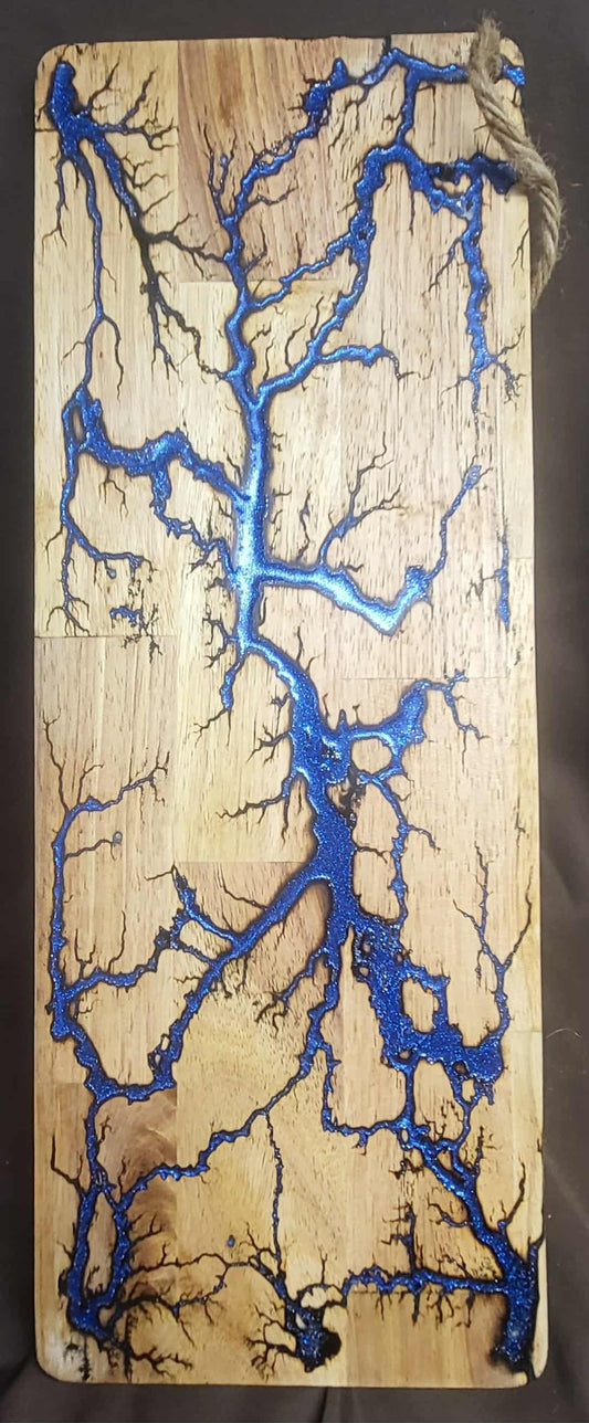 12) 19"x7 1/4" Acacia Wood - Reversible Serving / Charcuterie / Bread / Cutting Board- Sparkling Royal Blue & Ice Blue Fractal Burned - Food Safe