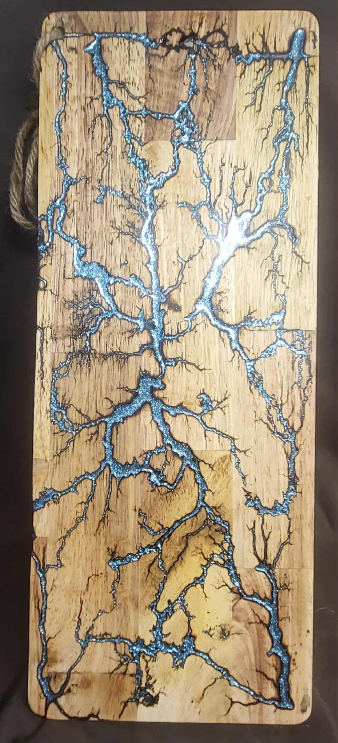 12) 19"x7 1/4" Acacia Wood - Reversible Serving / Charcuterie / Bread / Cutting Board- Sparkling Royal Blue & Ice Blue Fractal Burned - Food Safe