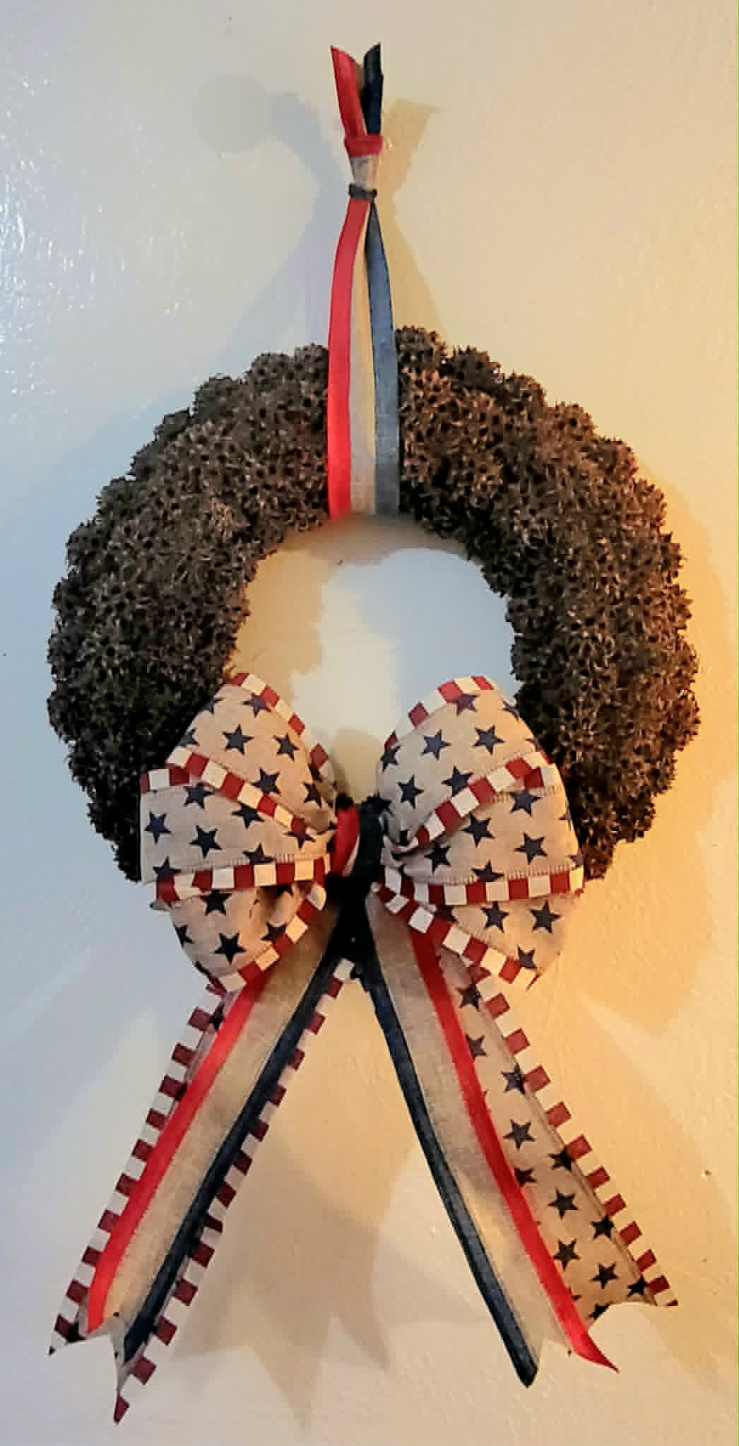 13" Natural Sweetgum Burr / Sweetgum Ball Patriotic Wreath