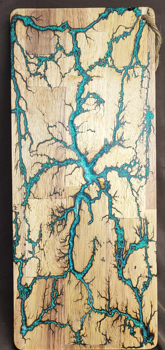 14) 19"x7 1/4" Acacia Wood - Reversible Serving / Charcuterie / Bread / Cutting Board- Emerald Green & Ice Blue Fractal Burned - Food Safe