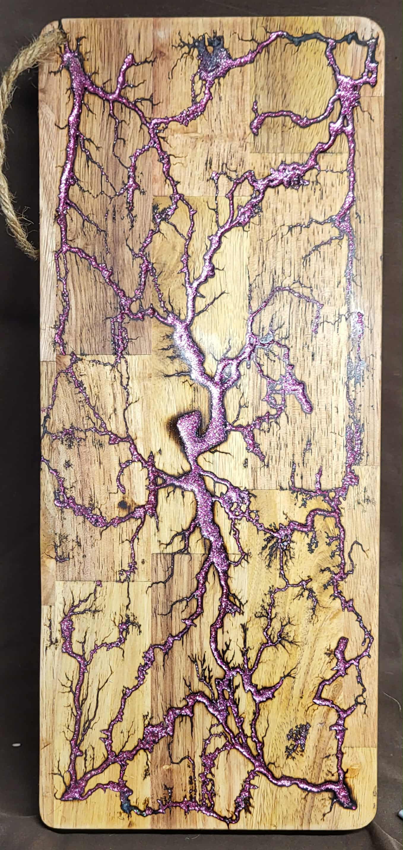 15) 19"x7 1/4" Acacia Wood - Reversible Serving / Charcuterie / Bread / Cutting Board- Sparkling Violet & Magenta Fractal Burned - Food Safe