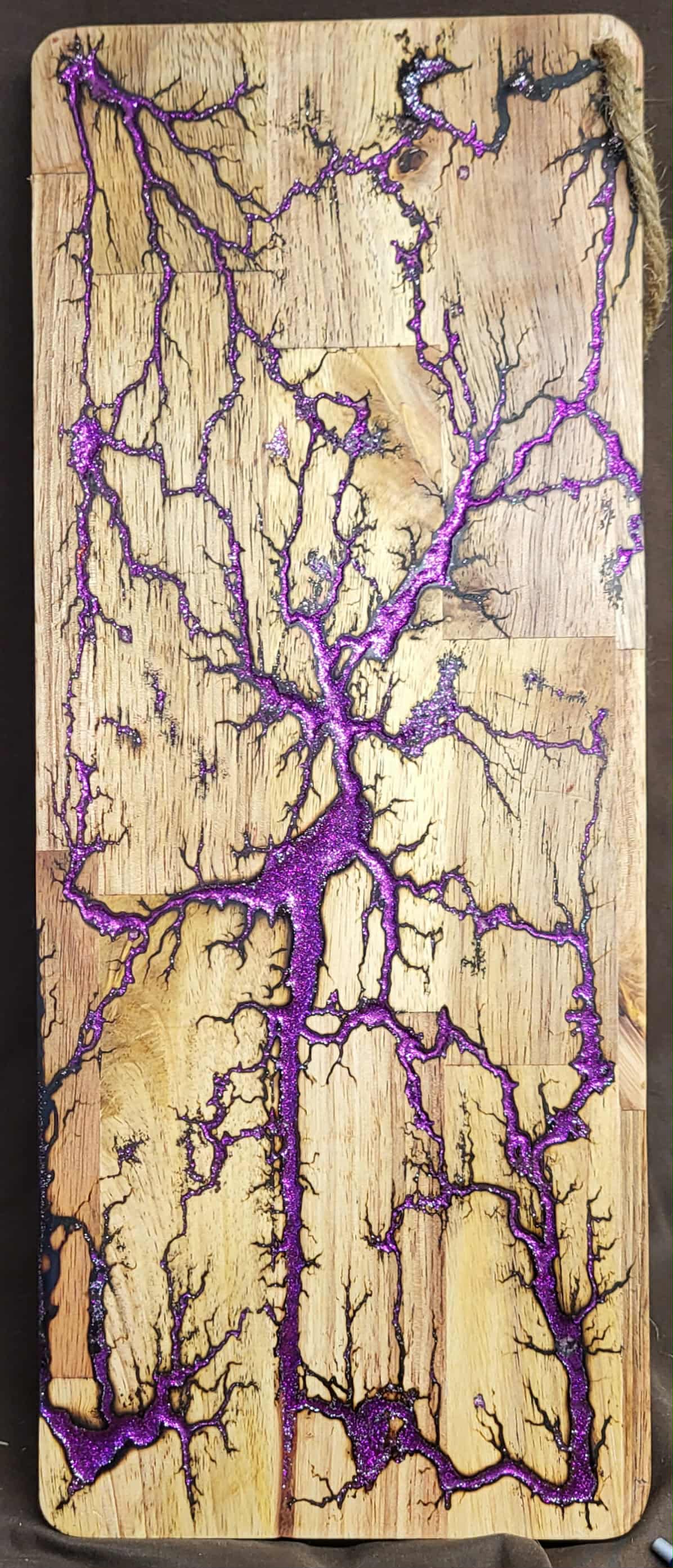 15) 19"x7 1/4" Acacia Wood - Reversible Serving / Charcuterie / Bread / Cutting Board- Sparkling Violet & Magenta Fractal Burned - Food Safe