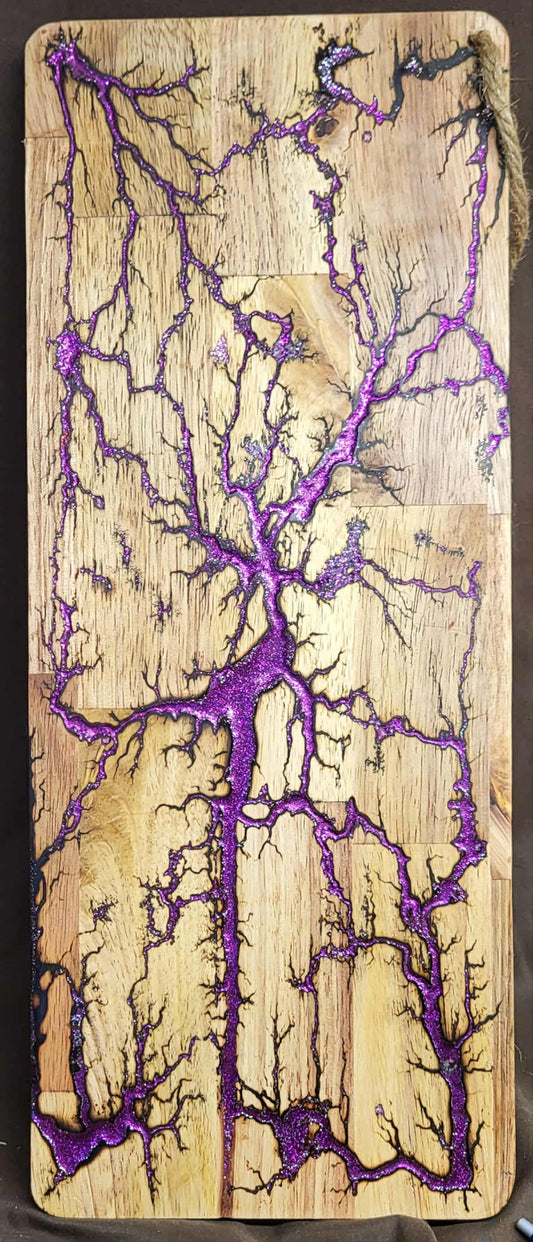 15) 19"x7 1/4" Acacia Wood - Reversible Serving / Charcuterie / Bread / Cutting Board- Sparkling Violet & Magenta Fractal Burned - Food Safe