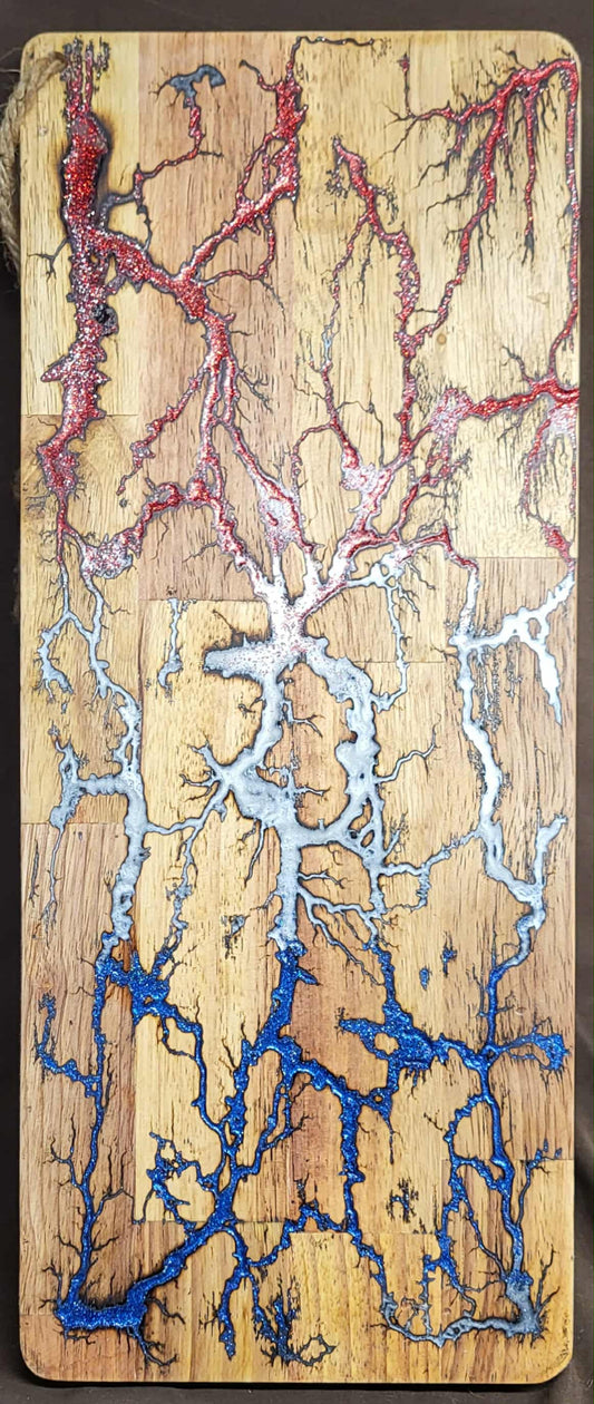 17) 19"x7 1/4" Acacia Wood - Reversible Serving / Charcuterie / Bread / Cutting Board- Sparkling Patriotic Red, White, & Blue Fractal Burned - Food Safe