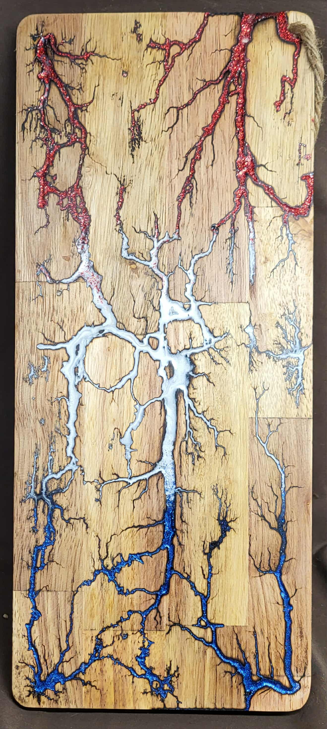17) 19"x7 1/4" Acacia Wood - Reversible Serving / Charcuterie / Bread / Cutting Board- Sparkling Patriotic Red, White, & Blue Fractal Burned - Food Safe