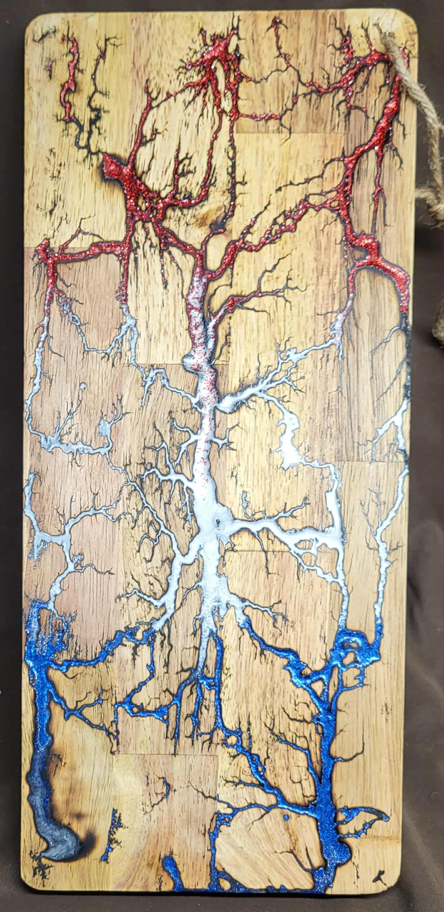 18) 19"x7 1/4" Acacia Wood - Reversible Serving / Charcuterie / Bread / Cutting Board- Sparkling Patriotic Red, White, & Blue Fractal Burned - Food Safe