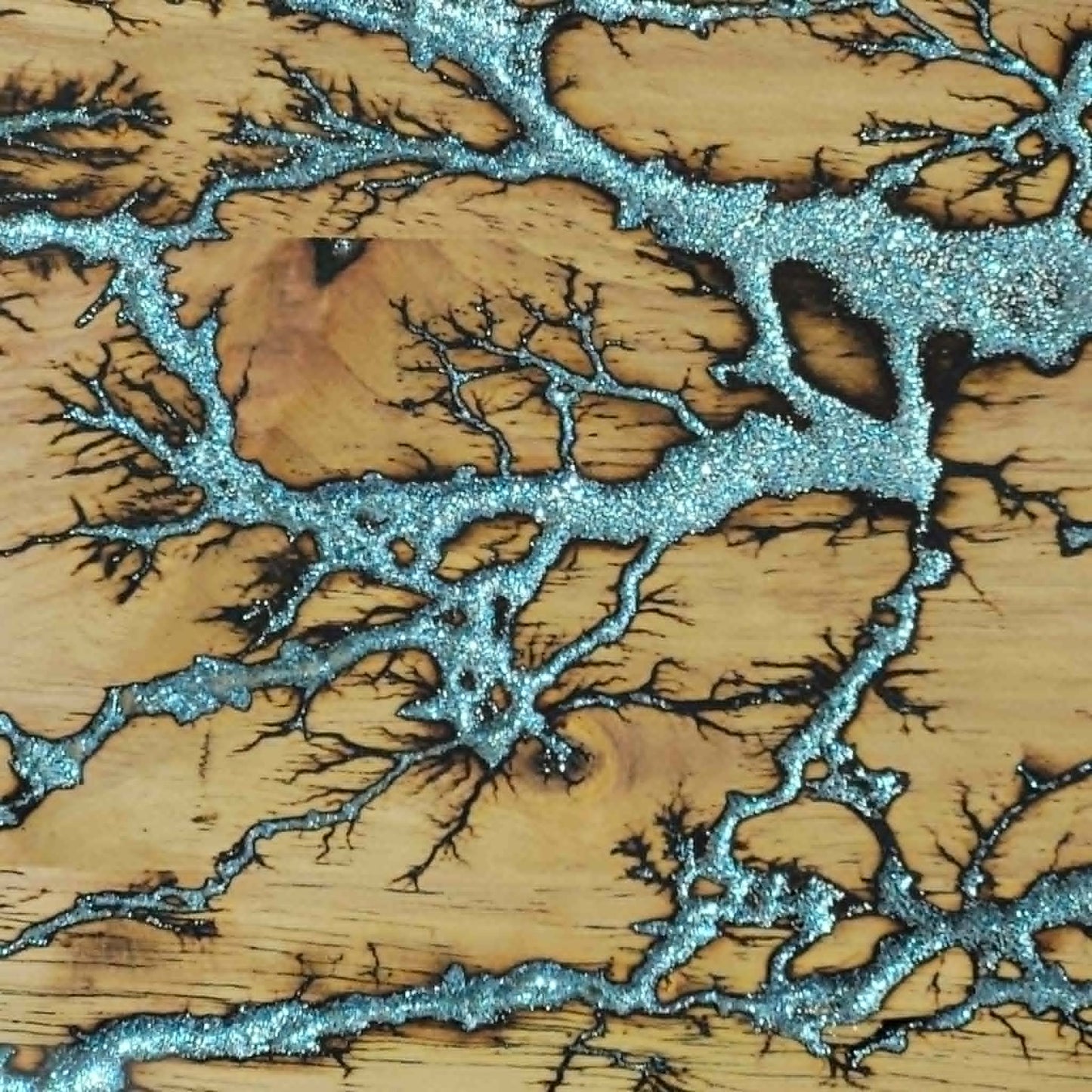 1) 19"x7 1/4" Acacia Wood - Reversible Serving / Charcuterie / Bread / Cutting Board- Sparkling Ice Blue Fractal Burned - Food Safe