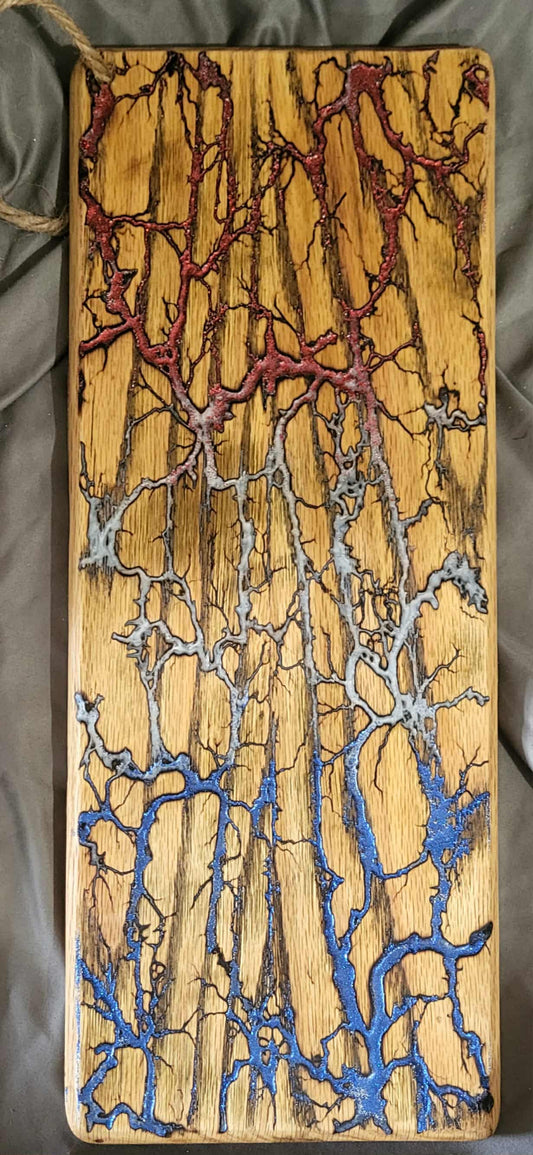 21)   19 1/2" x 7" Solid Oak Reversible Serving / Charcuterie / Bread Board- Sparkling Red, White, and Blue - Fractal Burned - Food Safe