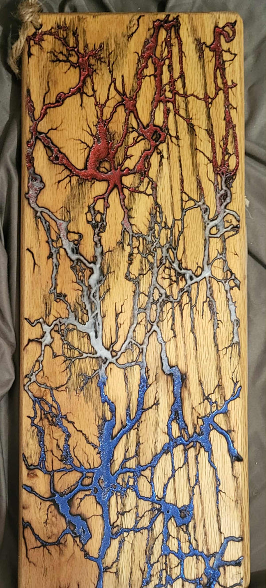 22)   18"x8" Solid Oak Reversible Serving / Charcuterie / Bread / Cutting Board- Sparkling Red, White, and Blue - Fractal Burned - Food Safe