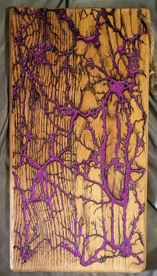 23)   18"x8" Solid Oak Reversible Serving / Charcuterie / Bread / Cutting Board- Sparkling Rose & Violet- Fractal Burned - Food Safe