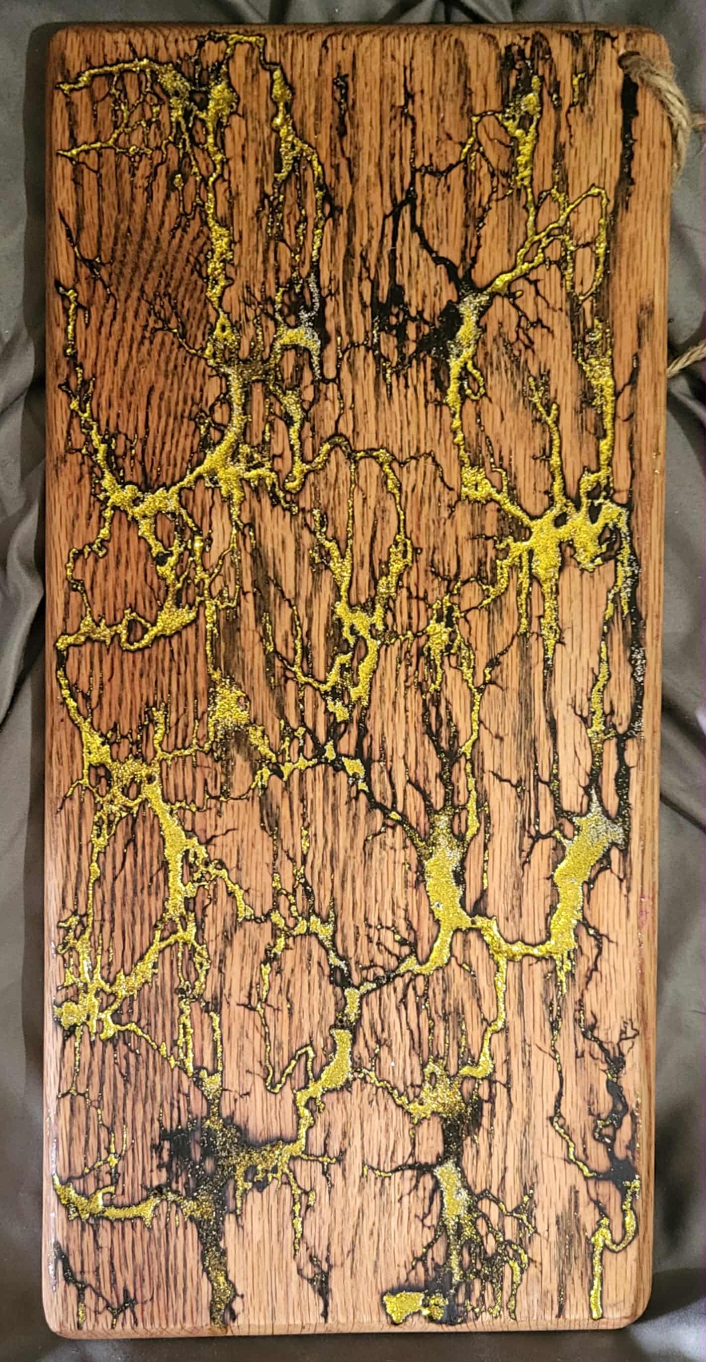 26)   18"x8" Solid Oak Reversible Serving / Charcuterie / Bread / Cutting Board- Sparkling Gold & Charcoal Black- Fractal Burned - Food Safe