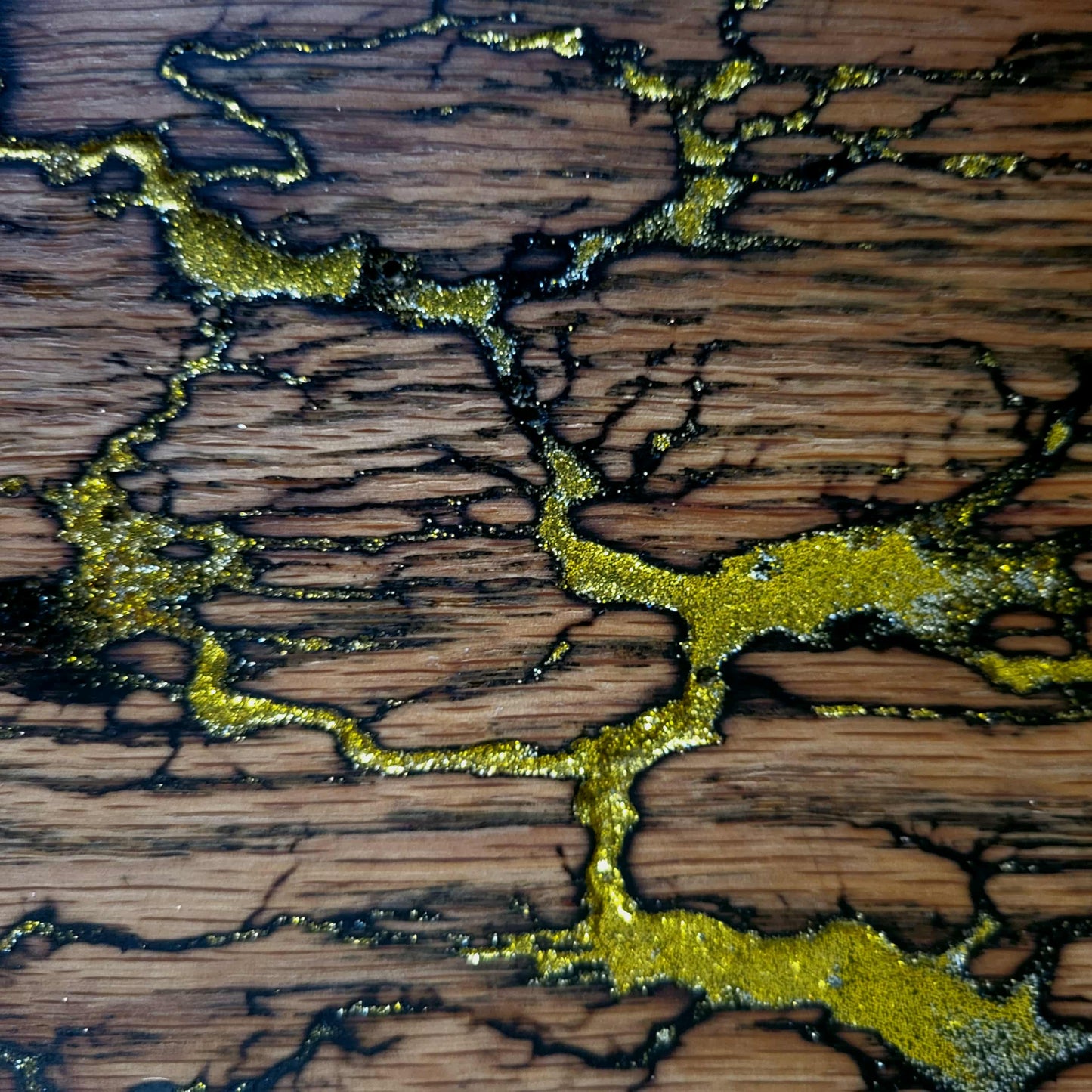 26)   18"x8" Solid Oak Reversible Serving / Charcuterie / Bread / Cutting Board- Sparkling Gold & Charcoal Black- Fractal Burned - Food Safe