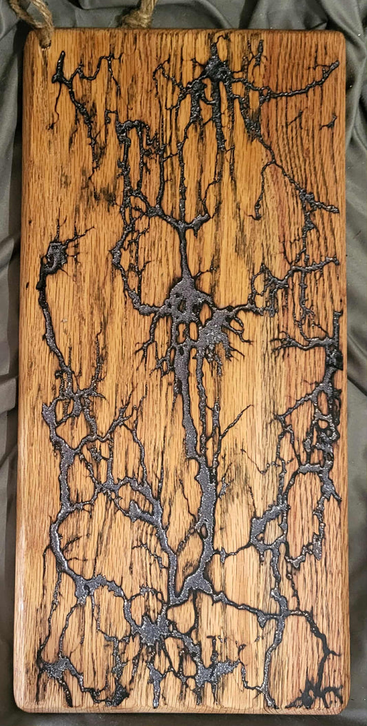 26)   18"x8" Solid Oak Reversible Serving / Charcuterie / Bread / Cutting Board- Sparkling Gold & Charcoal Black- Fractal Burned - Food Safe