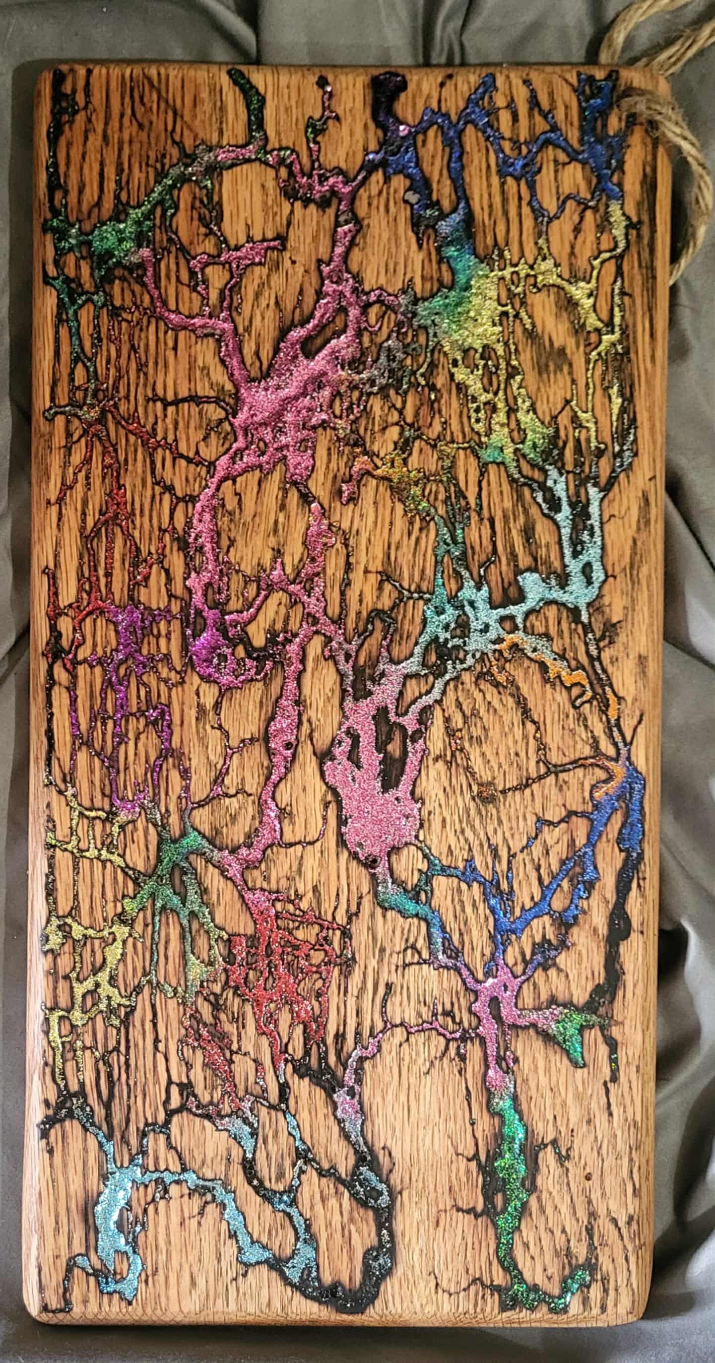 27) 17 3/4"x 8" Solid Oak Reversible Serving / Charcuterie / Bread - Sparkling Multicolored- Fractal Burned - Food Safe