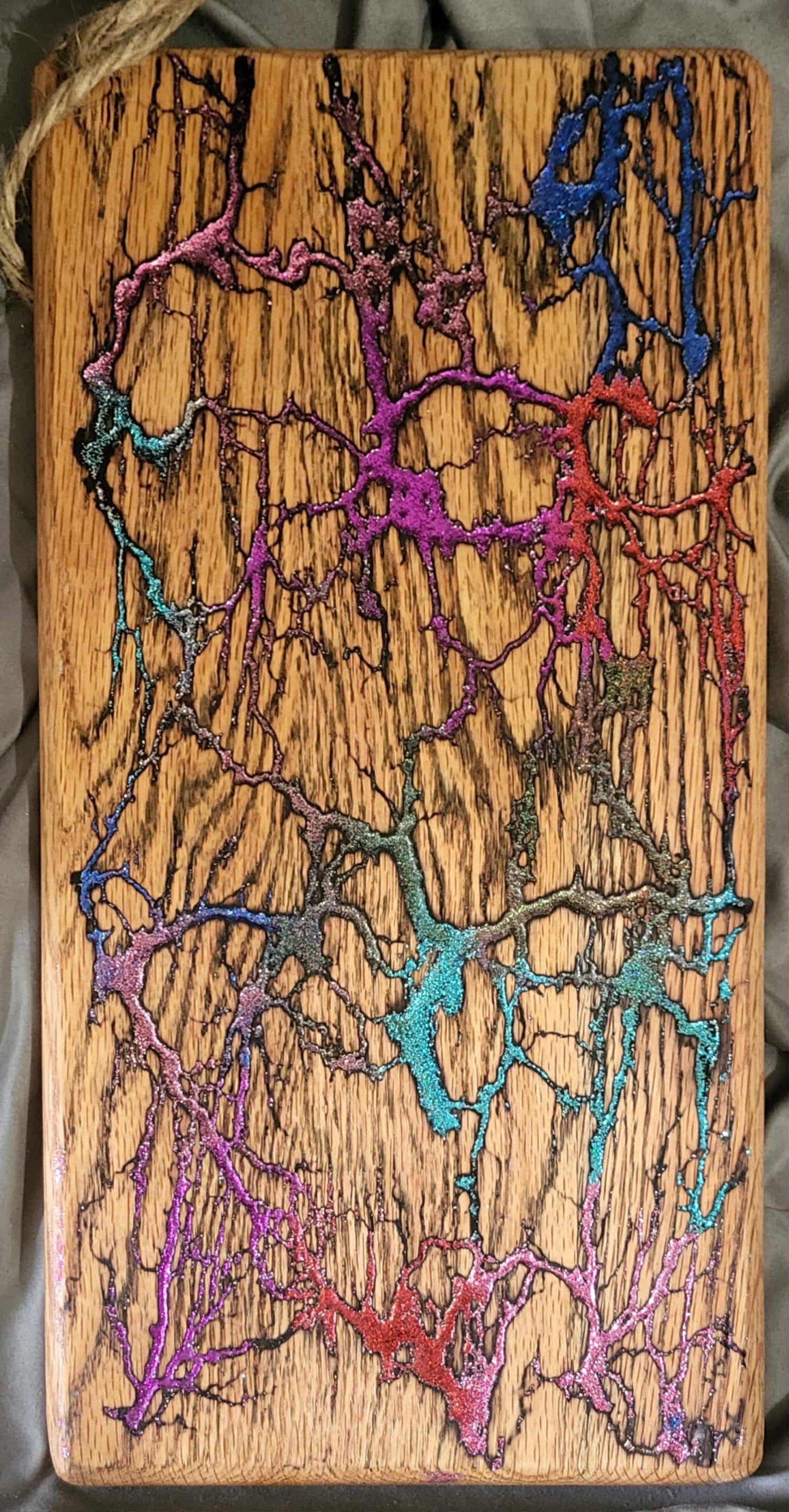 27) 17 3/4"x 8" Solid Oak Reversible Serving / Charcuterie / Bread - Sparkling Multicolored- Fractal Burned - Food Safe