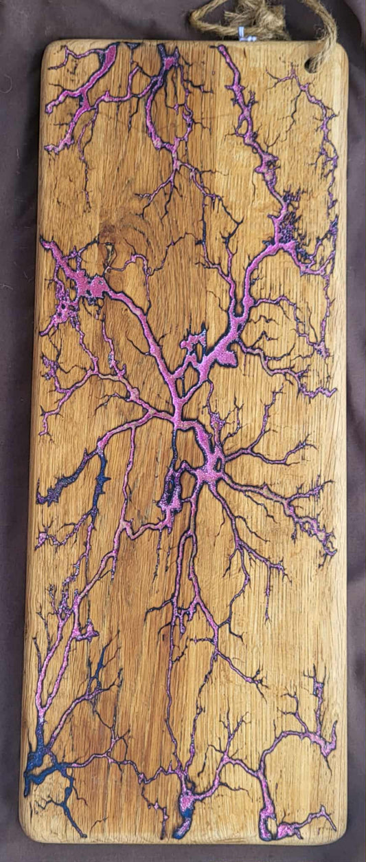 2)   20"x8" Solid Oak Reversible Serving / Charcuterie / Bread / Cutting Board- Magenta & Light Blue- Fractal Burned - Food Safe