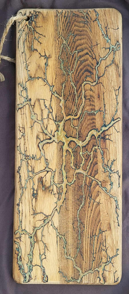 3)   20"x8" Solid Oak Reversible Serving / Charcuterie / Cutting Board- Goldish Copper & Iridescent Silver - Fractal Burned - Food Safe