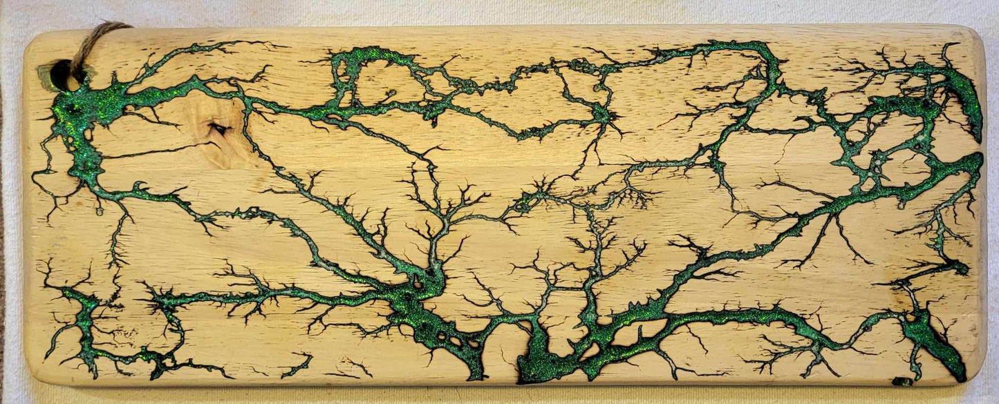 3) 20"x8" Reversible Serving / Charcuterie / Bread / Cutting Board- Sparkling Neon Green & Emerald Green - Fractal Burned - Food Safe