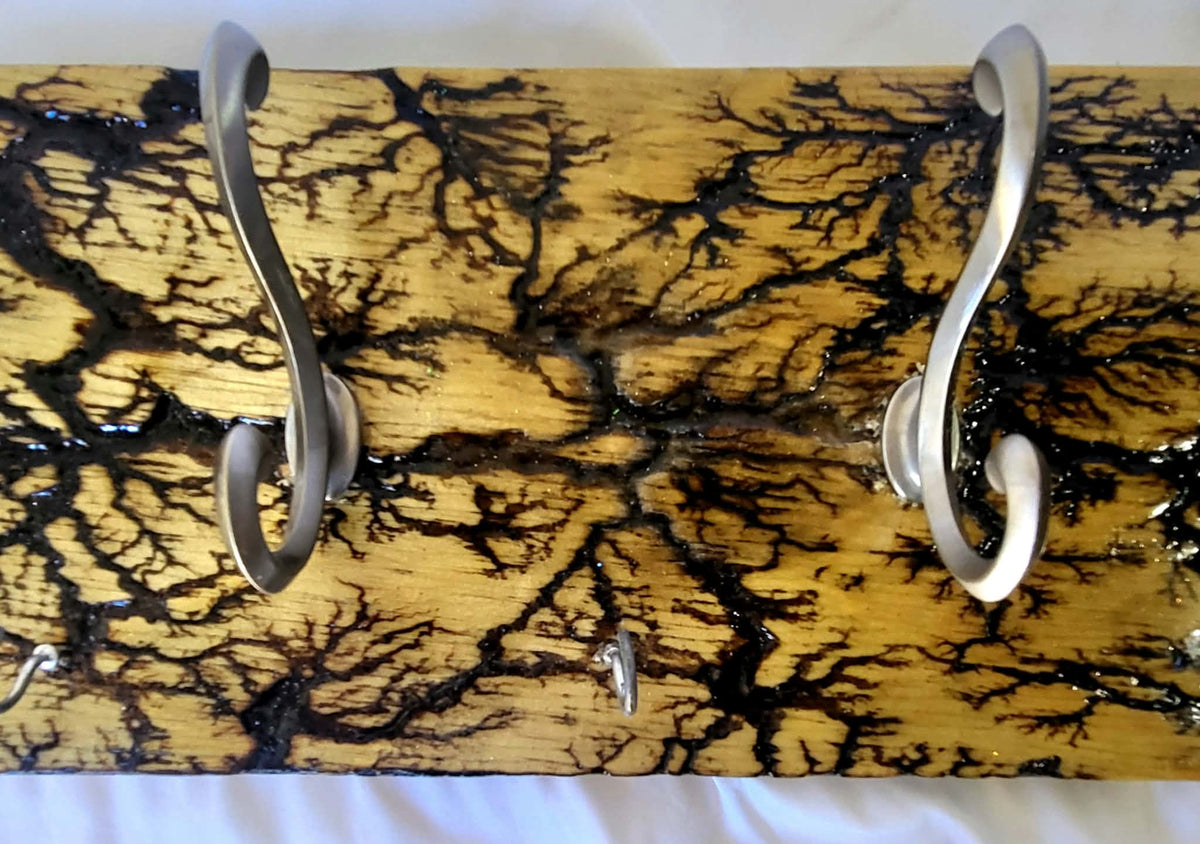 4) Fractal Burned Coat Rack with Key Holder - 5 Brushed Nickle Hooks 4 Key Hooks