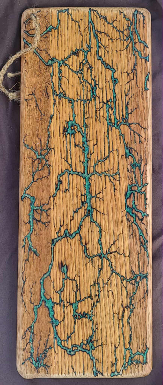 6)   20"x8" Solid Oak Reversible Serving / Charcuterie / Bread / Cutting Board- Teal & Light Blue- Fractal Burned - Food Safe