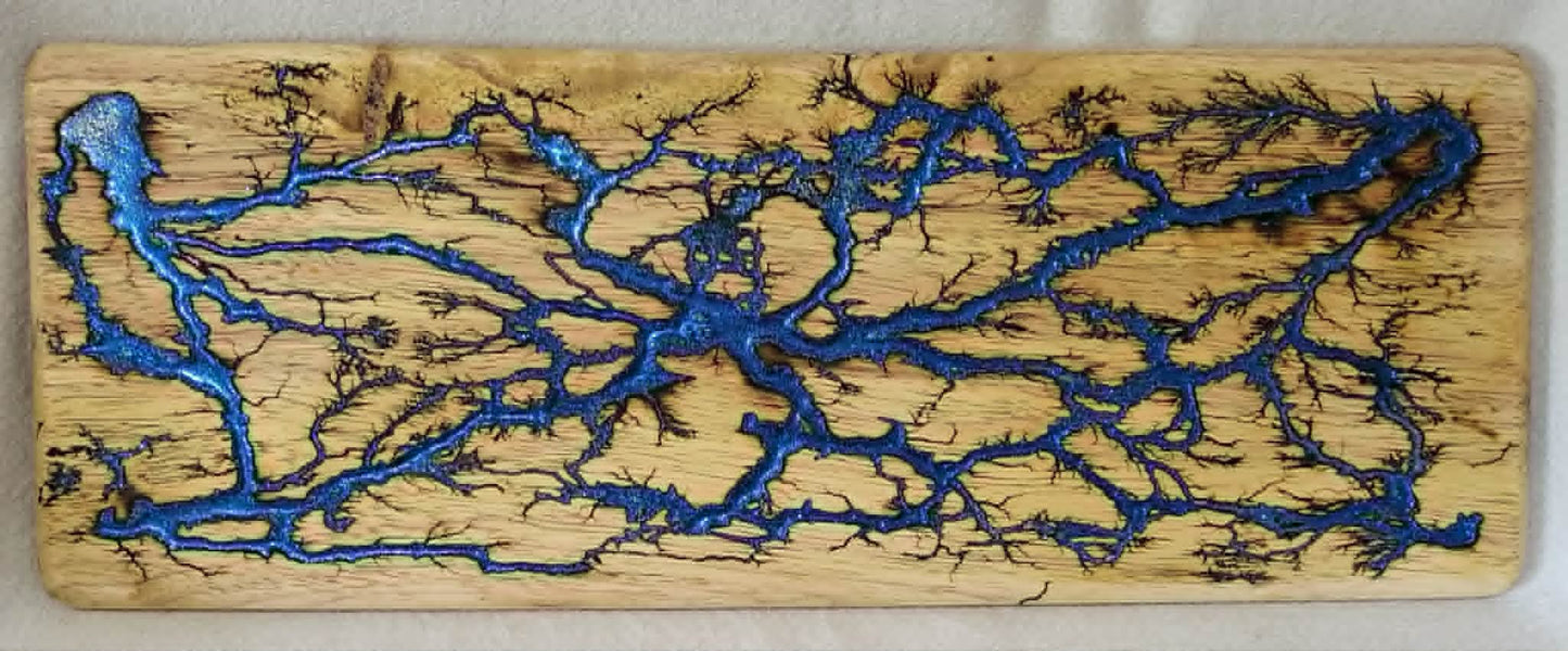 6) 19"x7 1/4" Acacia Wood - Reversible Serving / Charcuterie / Bread / Cutting Board- Sparkling Electric Blue Fractal Burned