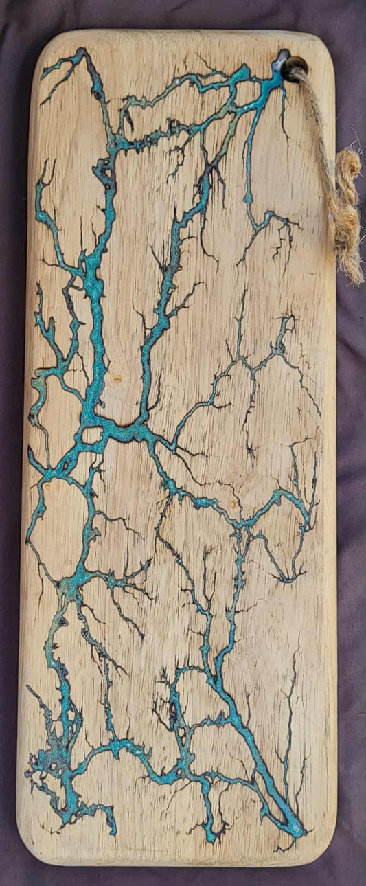 8)   20"x8" Reversible Serving / Charcuterie / Bread / Cutting Board- Sparkling Teal & Emerald Green - Fractal Burned - Food Safe