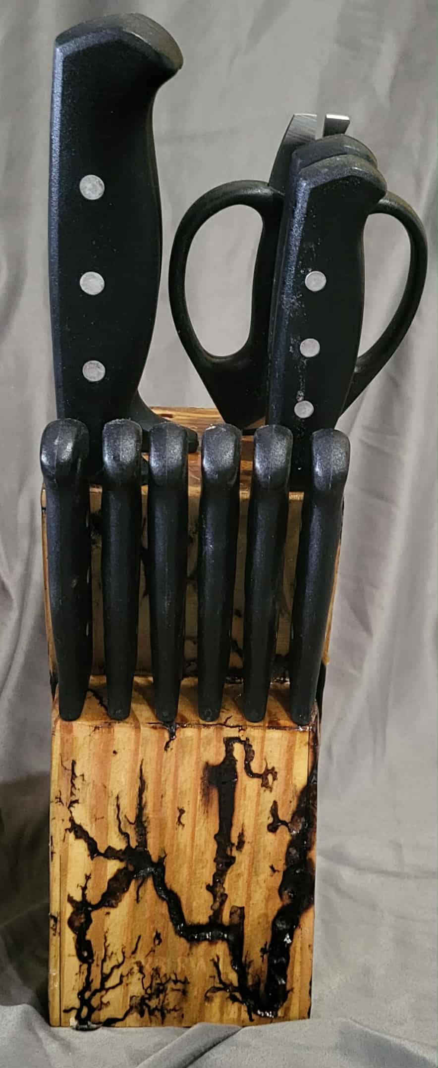 Fractal Burned Knife Block Set with Natural Polyurethane Finish