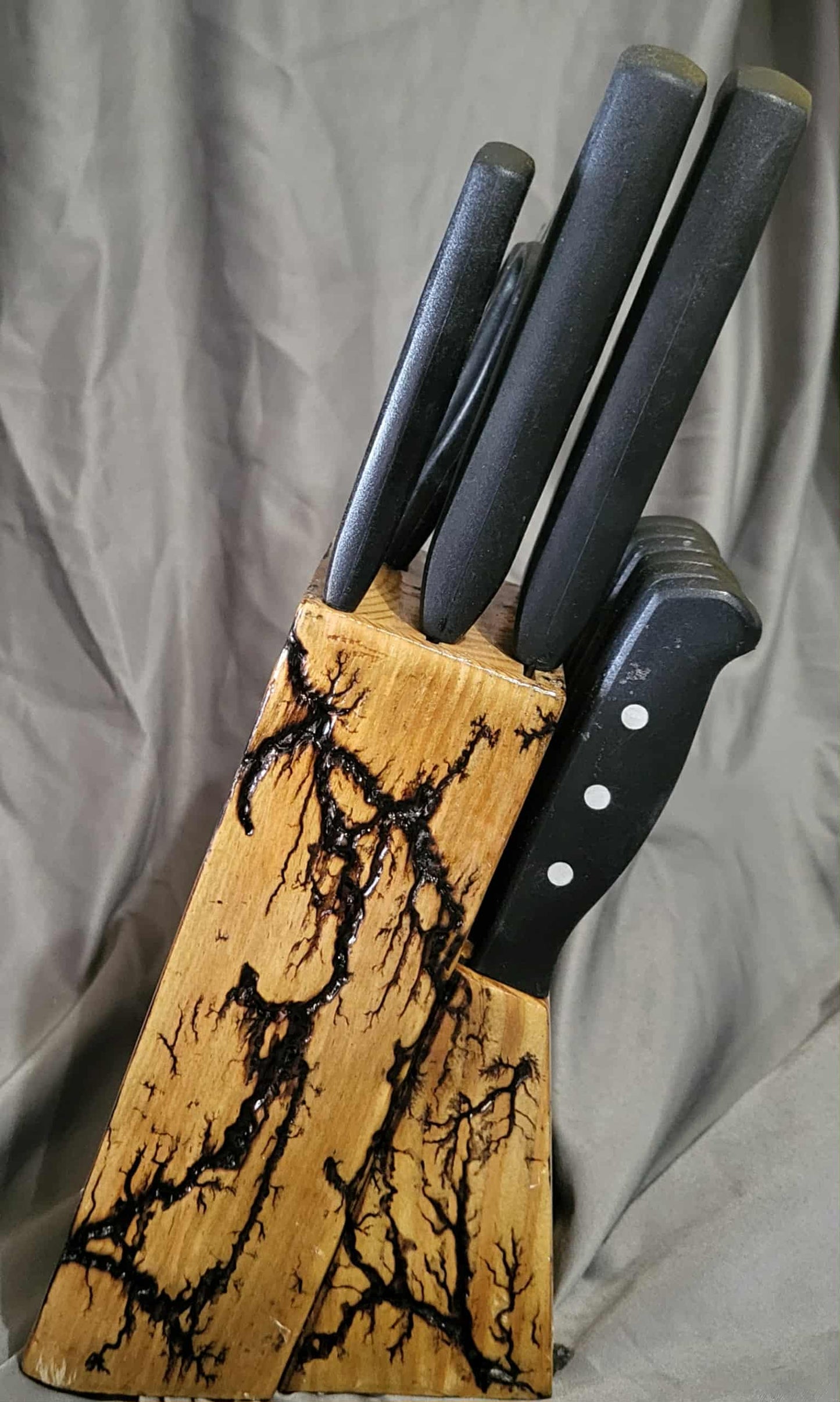 Fractal Burned Knife Block Set with Natural Polyurethane Finish