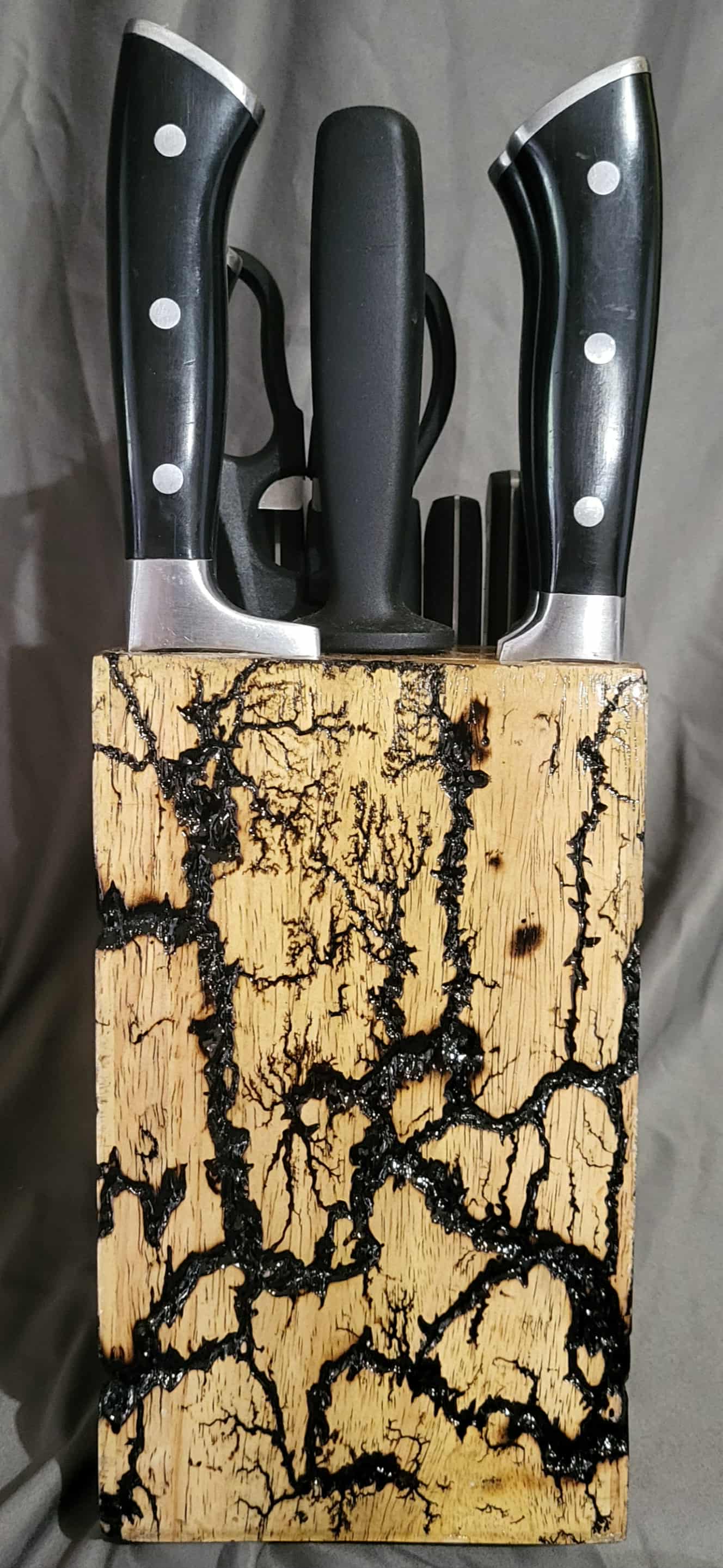 Large Fractal Burned Knife Block Set with Natural Polyurethane Finish with Sharpener