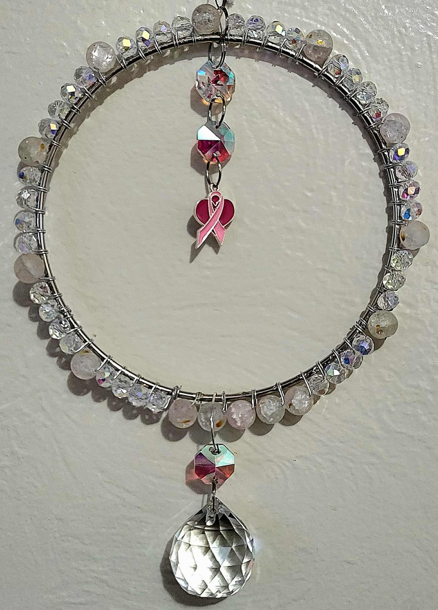 Breast Cancer Awareness Suncatcher with Hanging Prism, Garden Art, Yard Decor, Window Art