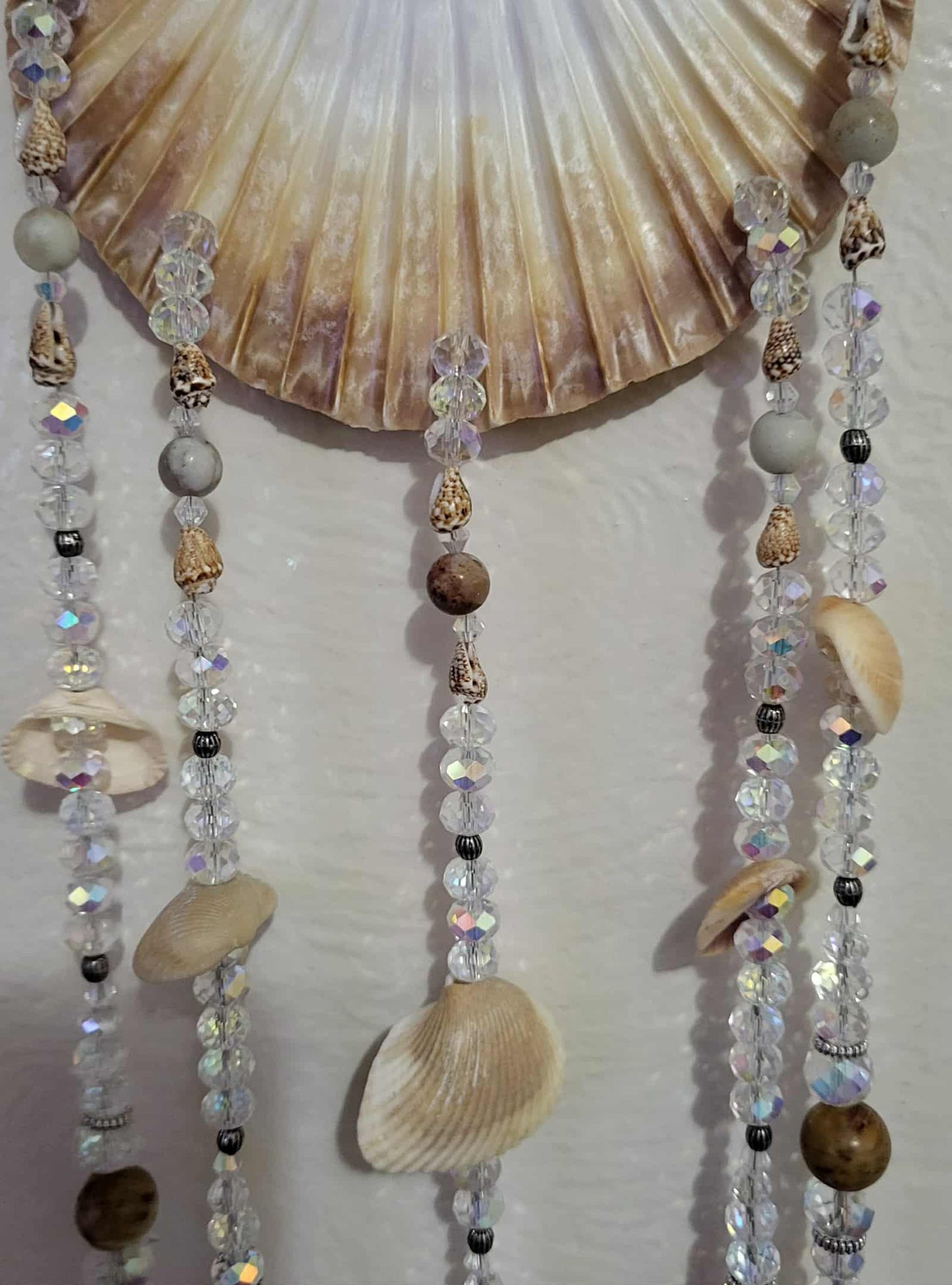 Natural Seashell, Crystal Suncatcher, Shell Suncatcher, Coastal and Beach Suncatcher - Windchimes - Rainbow Jasper & Amazonite Stones