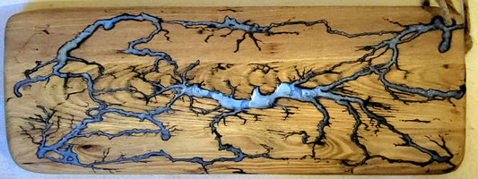 10) 20"x8" Solid Oak Reversible Serving / Charcuterie / Bread / Cutting Board - Blueish Silver/Blue Fractal Burned - Food Safe