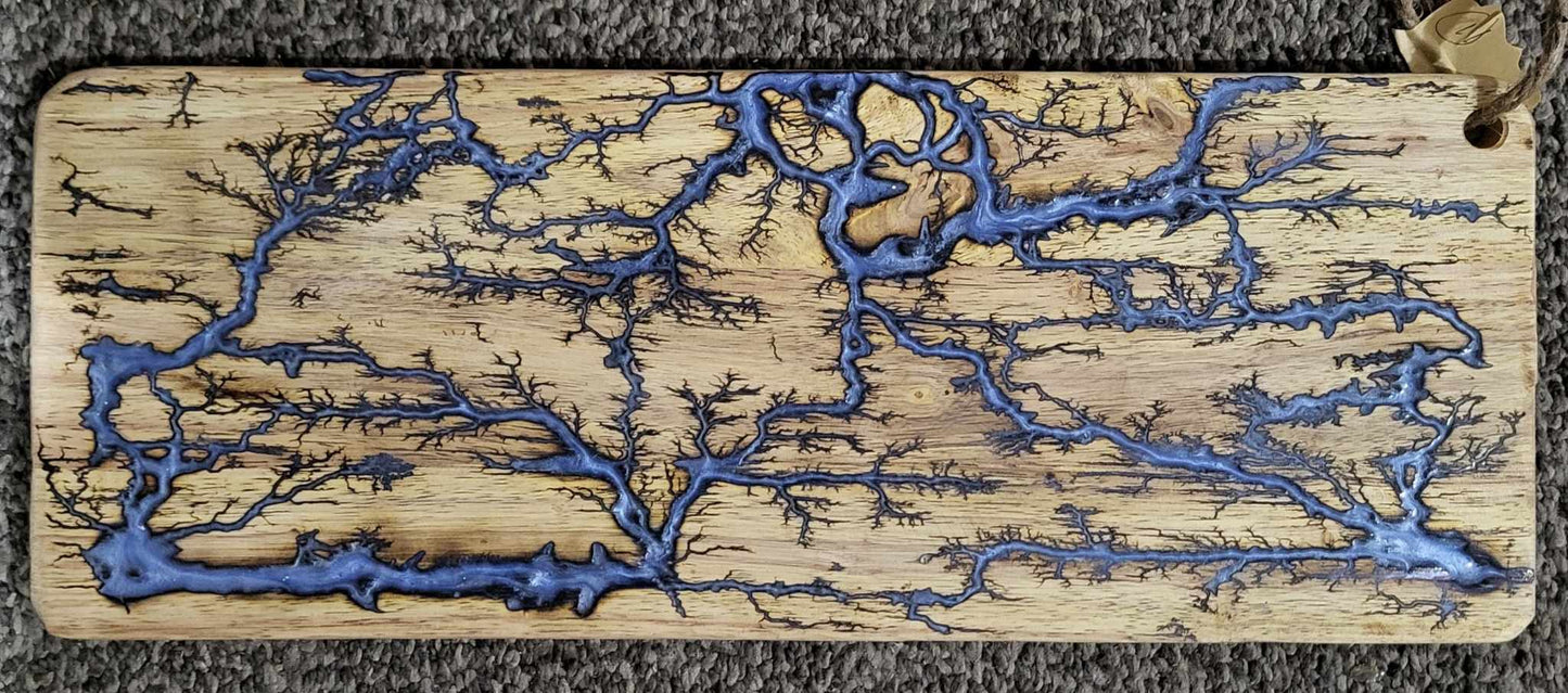 11)  20"x 15 1/2" Solid Oak - Reversible Serving / Charcuterie / Bread / Cutting Board - Silver & Blue -Fractal Burned-Food Safe