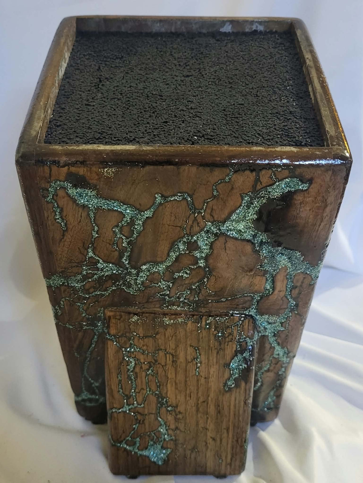 11) Walnut Universal Fractal Burned Knife Block with Sparkling Ice Blue Resin - Natural Polyurethane Finish