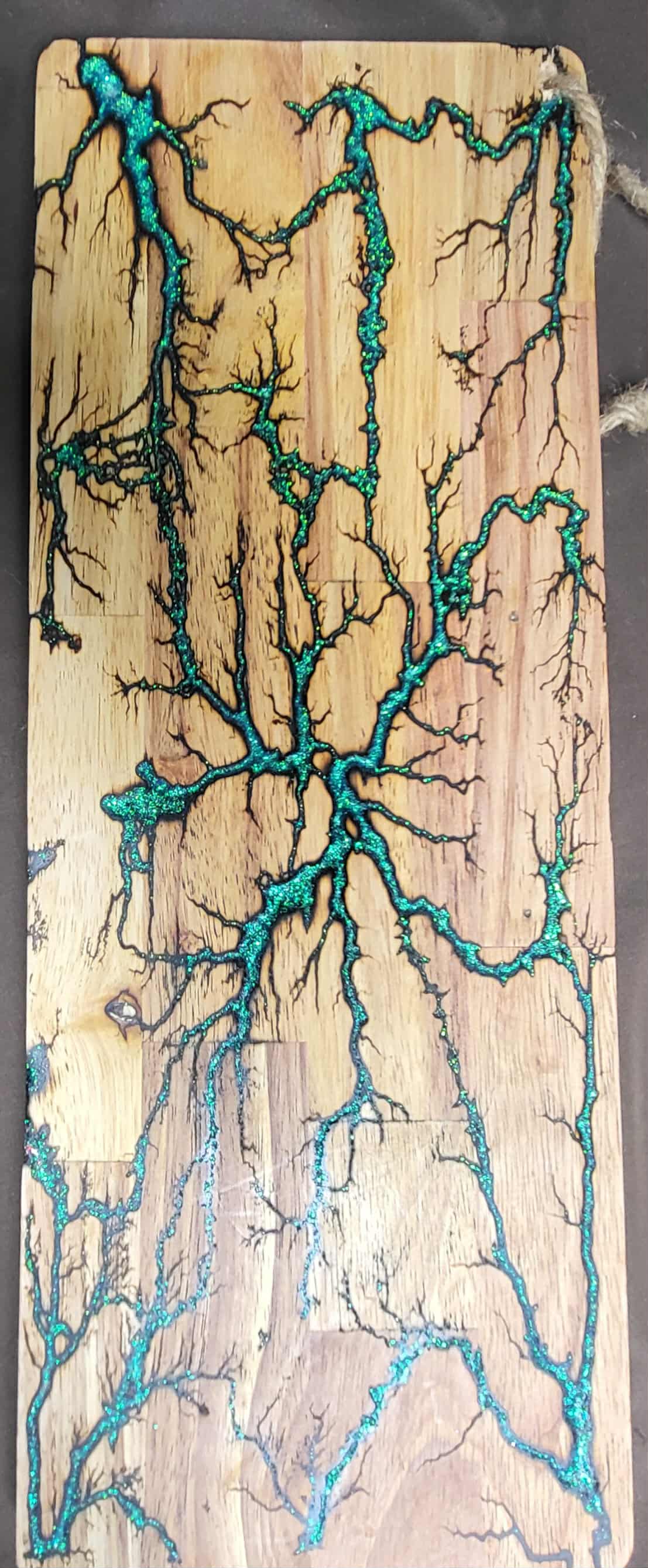 11) 19"x7 1/4" Acacia Wood - Reversible Serving / Charcuterie / Bread / Cutting Board- Sparkling Halogenic Aqua & Green Fractal Burned - Food Safe