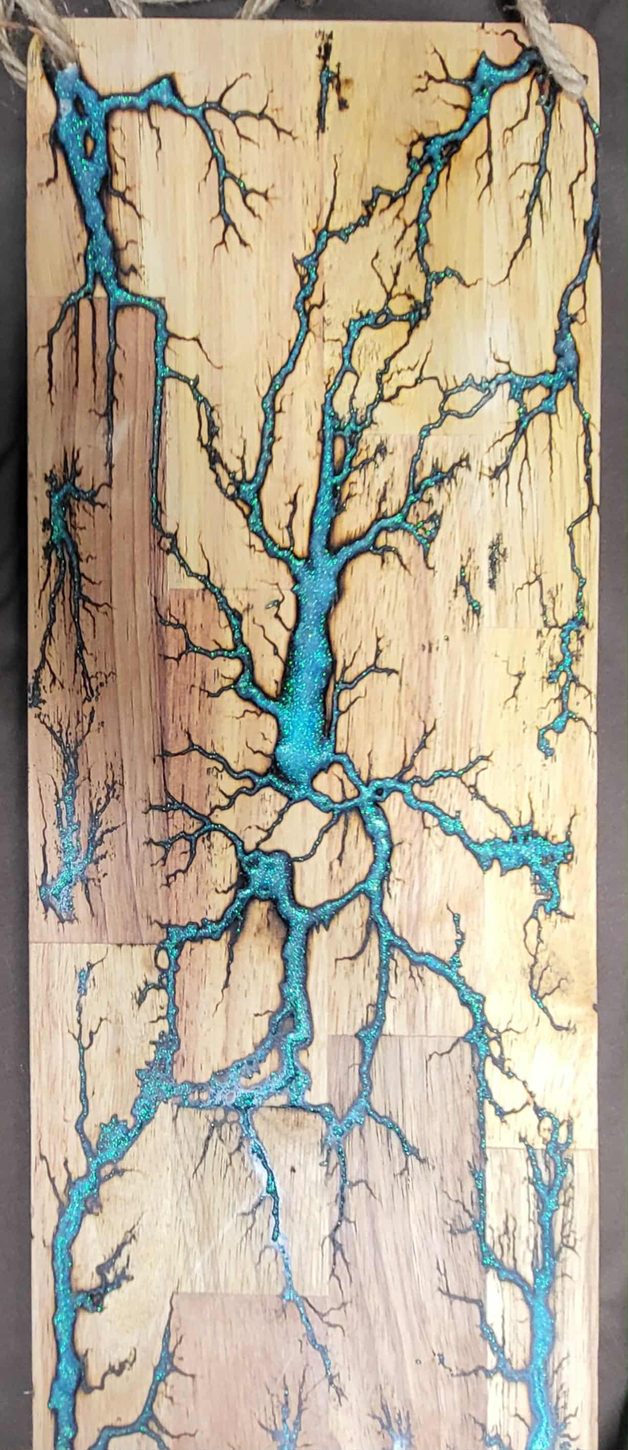 11) 19"x7 1/4" Acacia Wood - Reversible Serving / Charcuterie / Bread / Cutting Board- Sparkling Halogenic Aqua & Green Fractal Burned - Food Safe