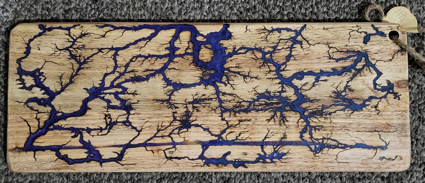 12# 20"x8" Reversible Serving / Charcuterie / Bread / Cutting Board - Blue Melting into Purple Fractal Burned - Food Safe