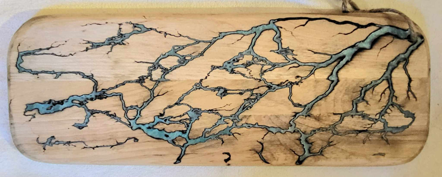 12)   20"x8" Solid Oak Reversible Serving / Charcuterie / Bread / Cutting Board -  Light Turquoise/Blue Fractal Burned - Food Safe