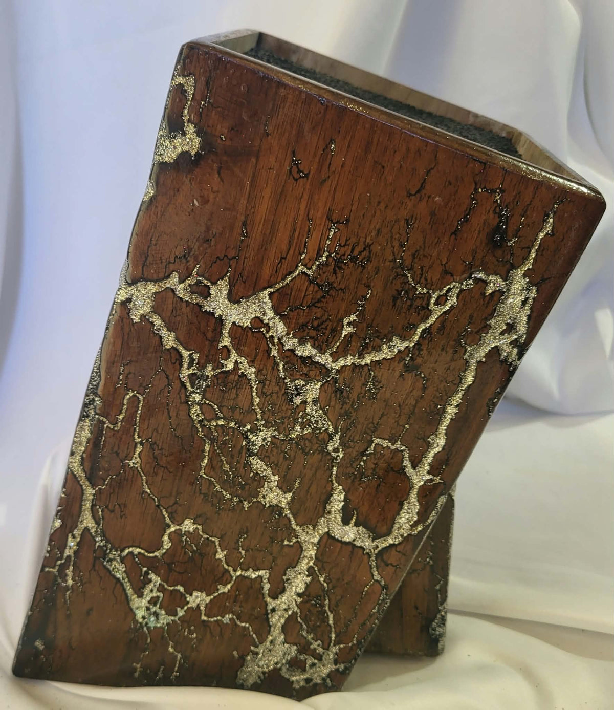 13) Walnut Universal Fractal Burned Knife Block with Sparkling Silver Resin - Natural Polyurethane Finish