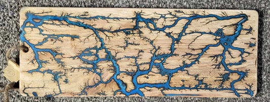 14)  20"x 15 1/2" Solid Oak - Reversible Serving / Charcuterie / Bread / Cutting Board - Light Blue & Dark Aqua -Fractal Burned-Food Safe