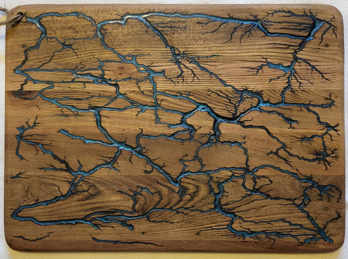 14)  20"x 15 1/2" Solid Oak - Reversible Serving / Charcuterie / Bread / Cutting Board - Light Blue & Dark Aqua -Fractal Burned-Food Safe