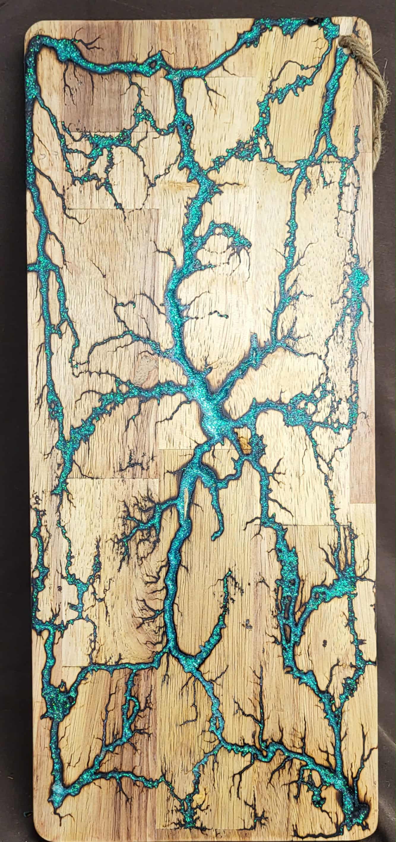 14) 19"x7 1/4" Acacia Wood - Reversible Serving / Charcuterie / Bread / Cutting Board- Emerald Green & Ice Blue Fractal Burned - Food Safe