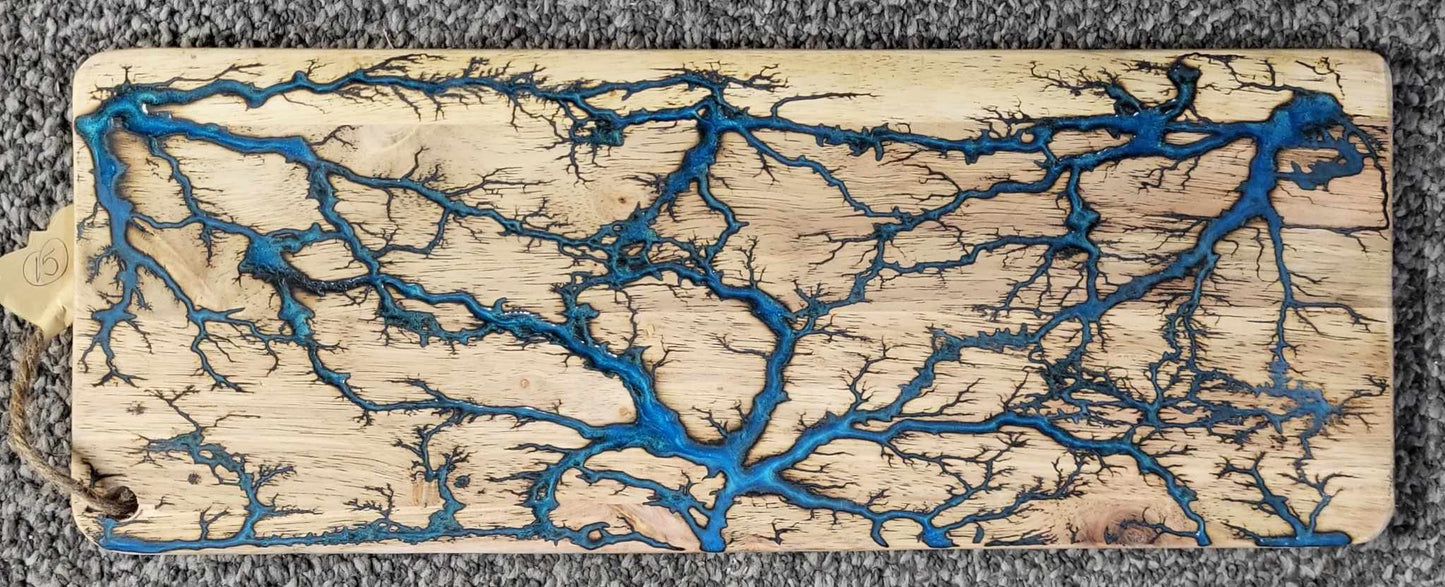 15# 20"x8" Reversible Serving / Charcuterie / Bread / Cutting Board- Blue / Bright Light Blue Fractal Burned - Food Safe