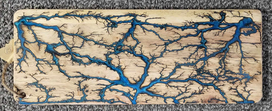 15# 20"x8" Reversible Serving / Charcuterie / Bread / Cutting Board- Blue / Bright Light Blue Fractal Burned - Food Safe