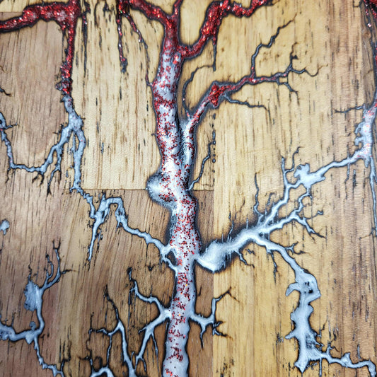 18) 19"x7 1/4" Acacia Wood - Reversible Serving / Charcuterie / Bread / Cutting Board- Sparkling Patriotic Red, White, & Blue Fractal Burned - Food Safe