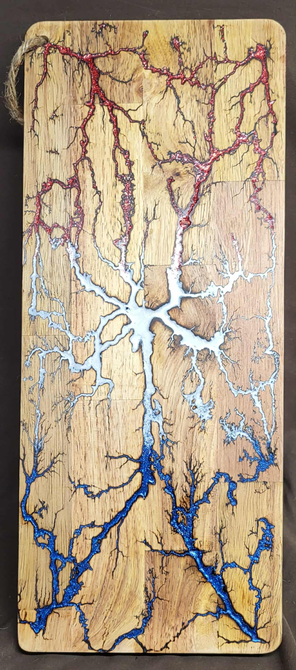 18) 19"x7 1/4" Acacia Wood - Reversible Serving / Charcuterie / Bread / Cutting Board- Sparkling Patriotic Red, White, & Blue Fractal Burned - Food Safe