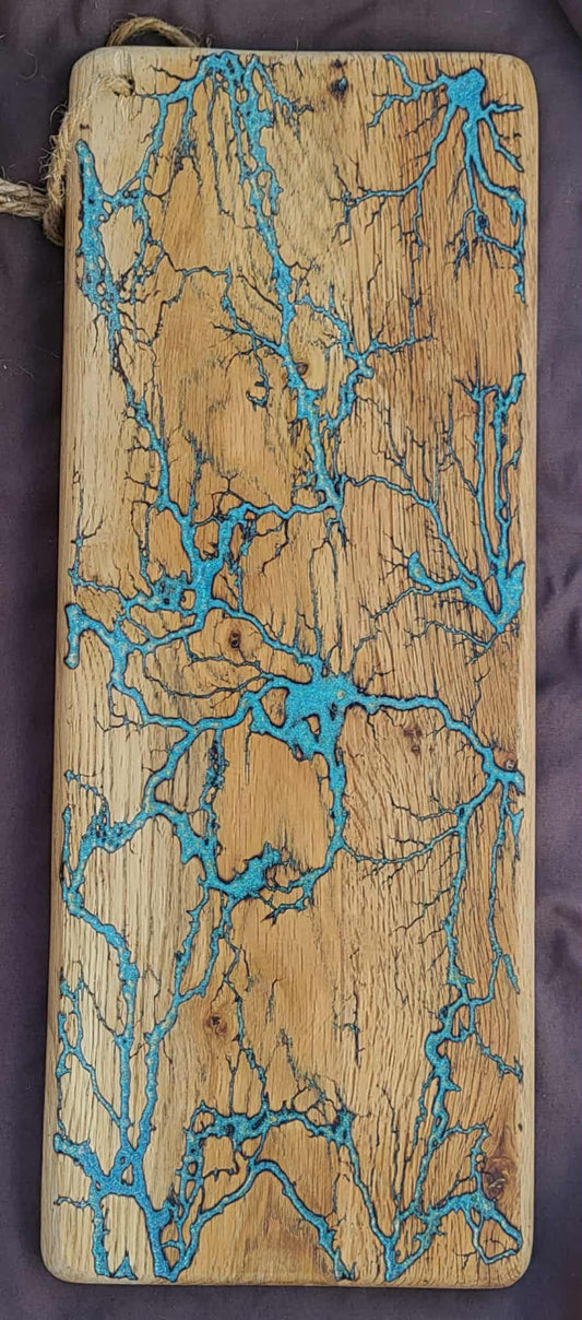 1)   20"x8" Solid Oak Reversible Serving / Charcuterie / Bread / Cutting Board- Light Turquoise- Fractal Burned - Food Safe