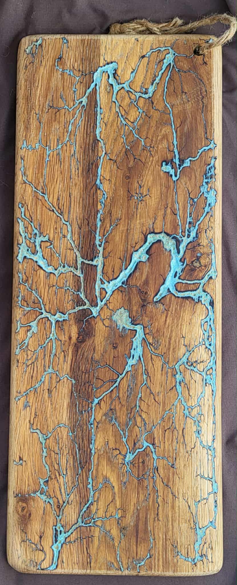 1)   20"x8" Solid Oak Reversible Serving / Charcuterie / Bread / Cutting Board- Light Turquoise- Fractal Burned - Food Safe