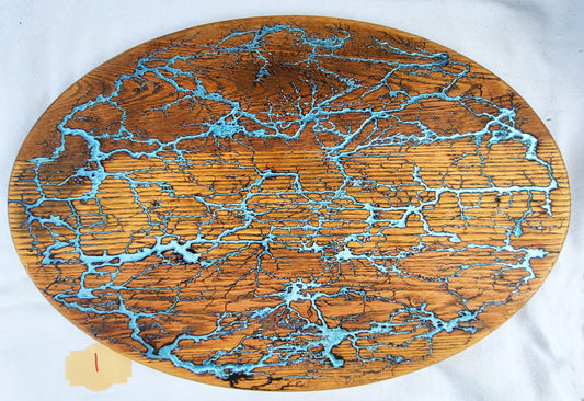 1 - Solid Oak 23"x 16" Serving / Charcuterie / Cutting Board - Lightening Blue & Halogenic Teal - Fractal Burned - Food Safe