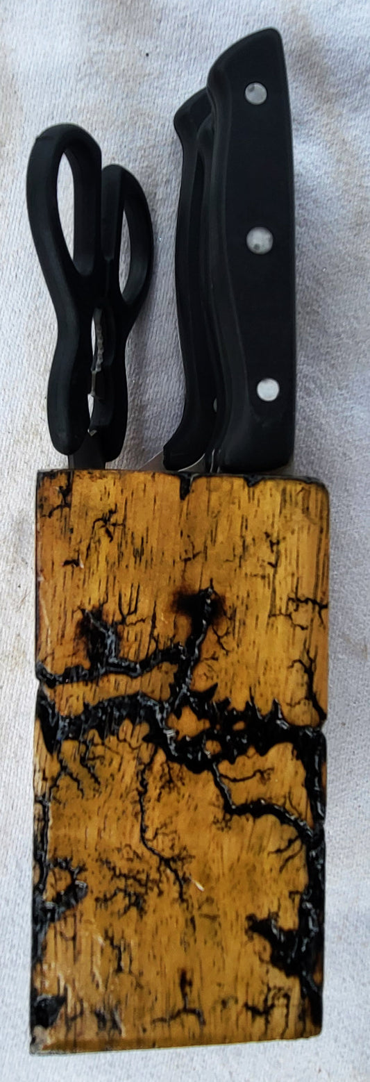 Small Fractal Burned Knife Block Set with Natural Polyurethane Finish